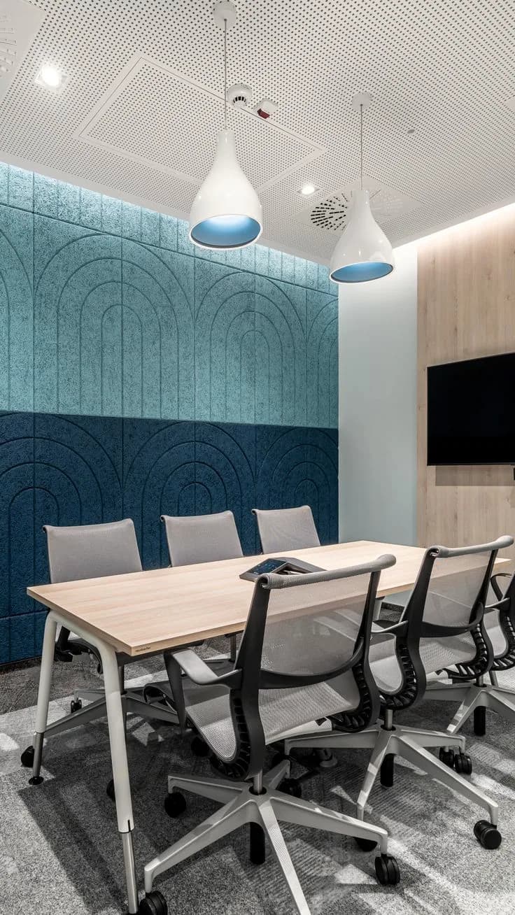 Meeting room with an acoustic panelled wall, 2 pendant lights and a wall screen.