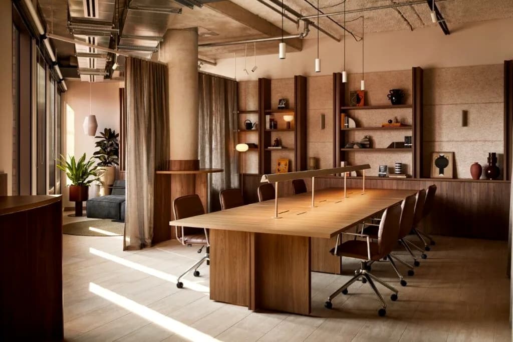 Pendant lights over a long table, daylight across the floor.