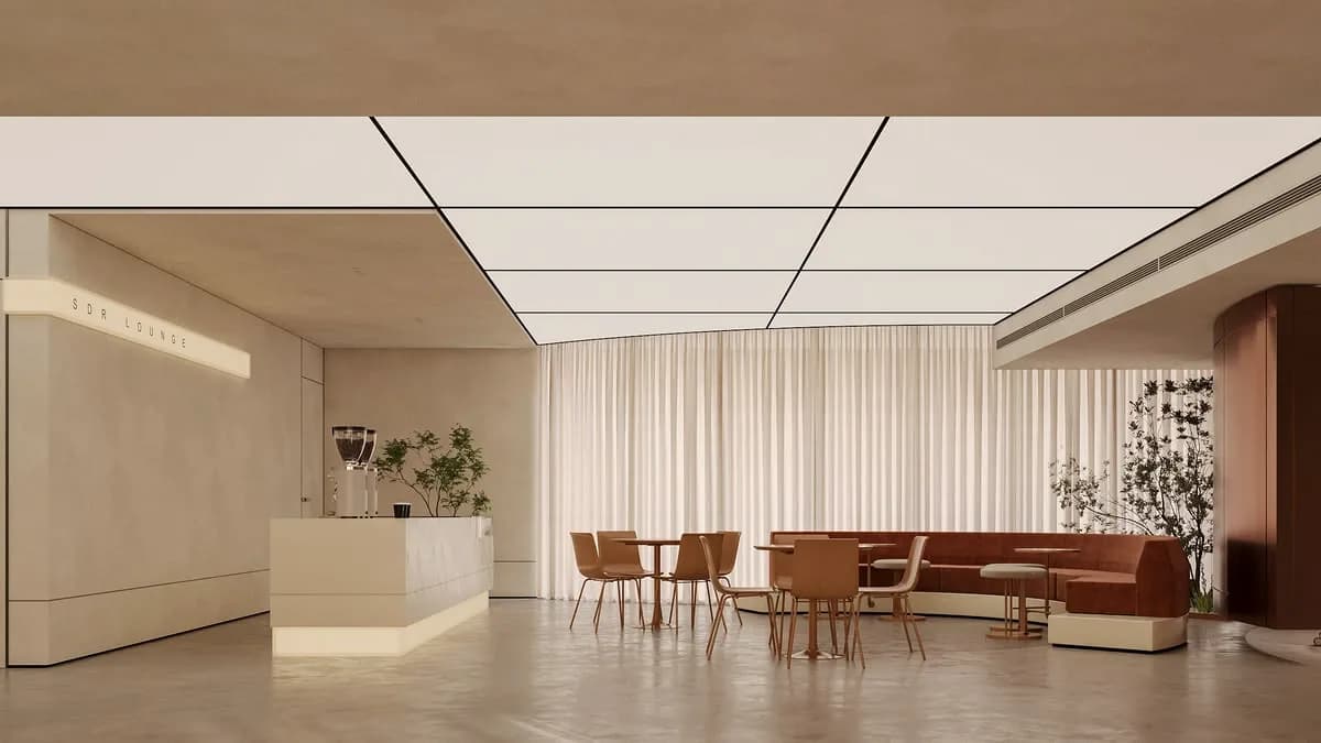 Breakout seating under a slatted timber ceiling beside full height glazing.