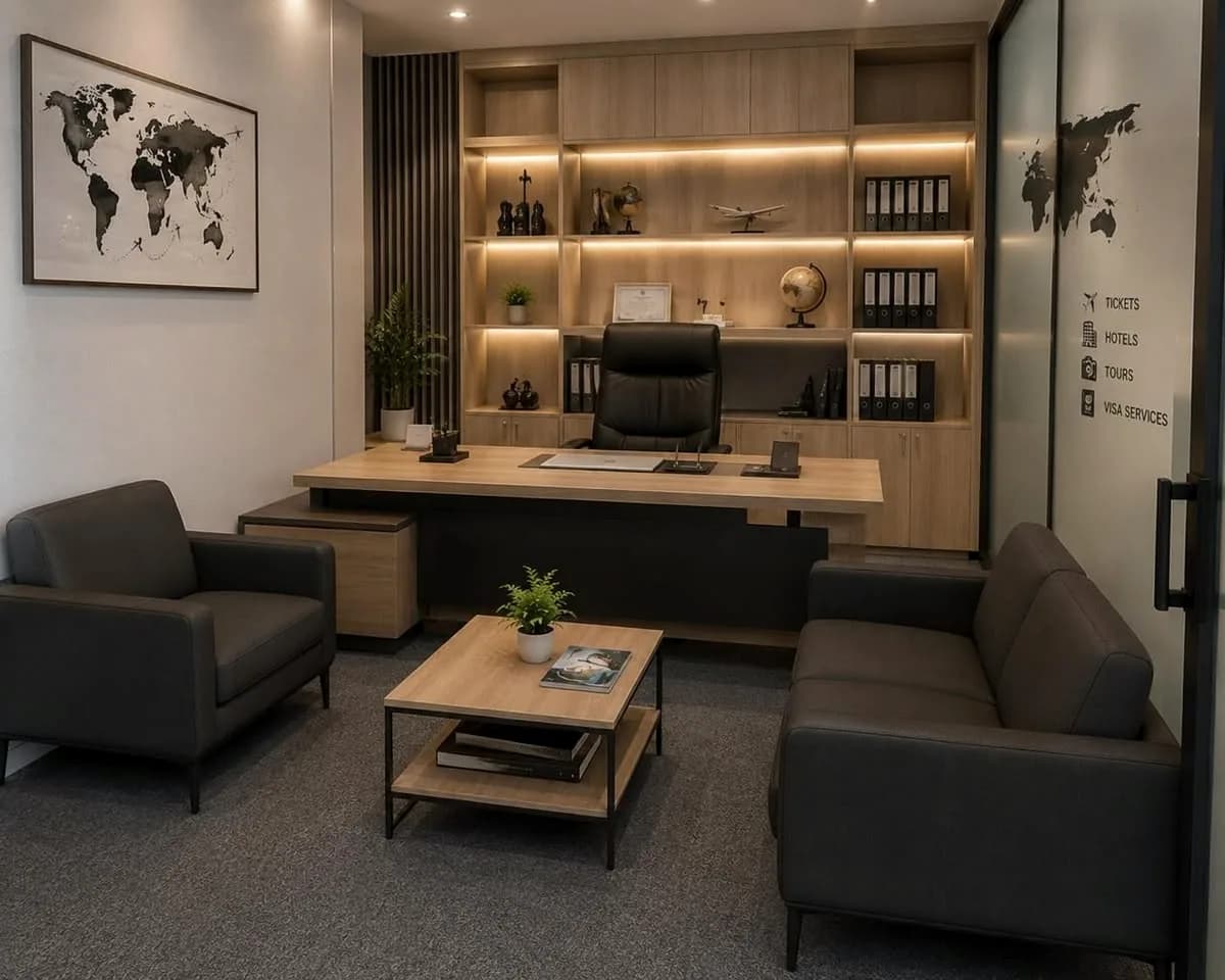 A cabin office, a desk before backlit shelving, two sofas and a low table.