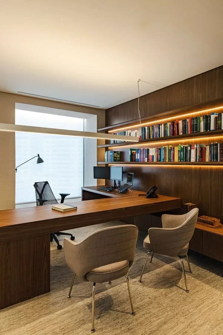 Timber desk, backlit shelving, a window running floor to ceiling.
